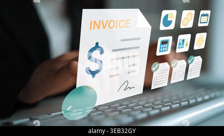 Professional accounting scene displaying digital invoice with financial icons, computer keyboard, and modern business graphics for online transactions Stock Photo