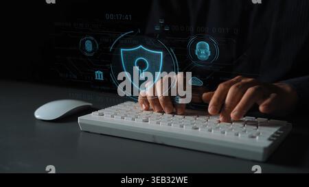 Cyber security interface with biometric and AI-powered protection system. Cyber security secures access, cybersecurity protects identity Stock Photo