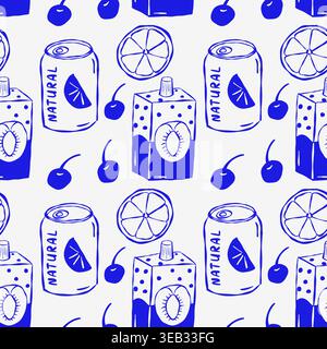 Blue line art pattern shows drinks, cherries, and citrus slices on light background. No people present in image. Ideal for beverage branding, packagin Stock Vector