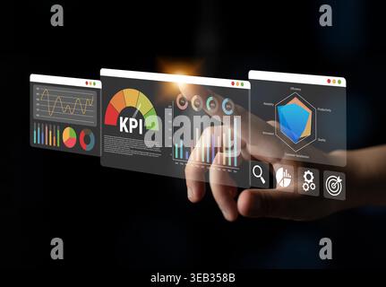 This image features an interactive dashboard displaying KPIs and various data visualization elements, providing insights for effective business Stock Photo