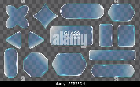 Set of glass morphism shapes with glowing edges and transparent surfaces. Perfect for UI design, website elements, or graphic overlays. Shiny highligh Stock Vector