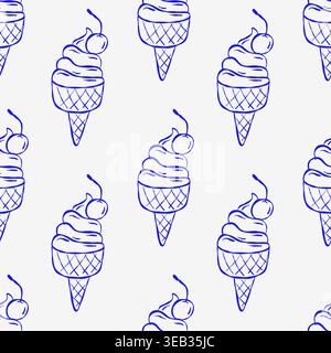 Blue line drawing of ice cream cones with cherries on light gray background. Pattern repeats evenly for seamless use. Sweet summer treats, perfect for Stock Vector