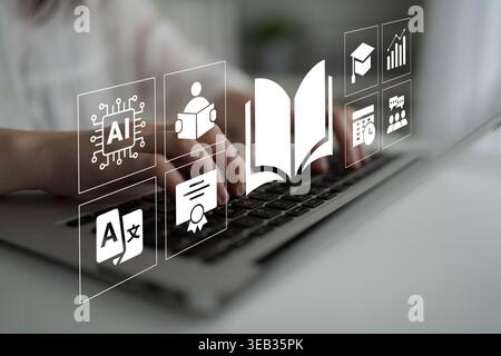 A close-up view of hands typing on a laptop keyboard surrounded by educational graphics, symbolizing modern learning and digital innovation in an Stock Photo