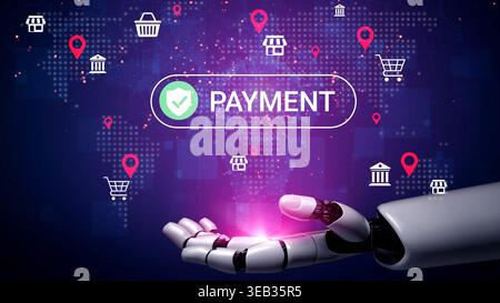 Futuristic Robot Hand Handling Payment Transaction with Digital Icons and Payment Symbol Floating Over Global Background Gluon. Stock Photo