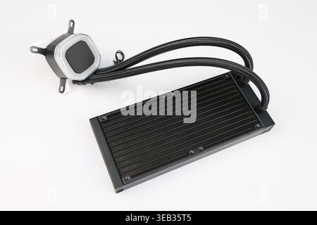 Desktop PC All in One CPU Cooler with Radiator Isolated on White Background (Computer Parts Assembly) Stock Photo