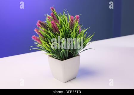 Vibrant Artificial Potted Plant with Purple and Green Foliage in Minimalist White Pot (This is used for home or office decoration) Stock Photo