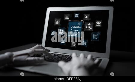 Futuristic Automation Concept Displayed on Laptop Screen with Robotic Hand Reaching Out for Digital Workflow Management and Procurement Solutions Stock Photo