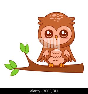 Cute owl sitting on branch cartoon character vector isolated on white Stock Vector