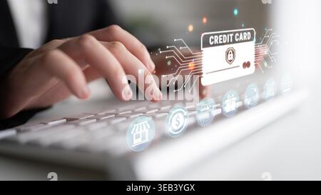 Businessman Using Laptop with Virtual Credit Card Interface for Online Transactions and Secure Payments in Digital Banking Environment Quark. Stock Photo