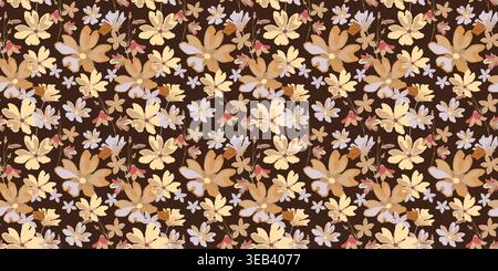 Seamless floral pattern with flowers on dark brown background Stock Vector