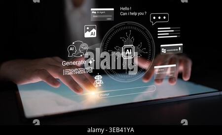 A user engages with a digital tablet displaying virtual AI elements and interface designs, showcasing the interaction between human and machine Stock Photo