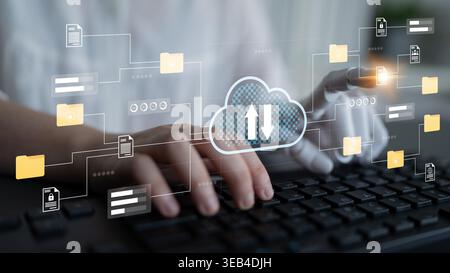Illustration of a user uploading data to the cloud using a keyboard, representing modern technology, digital systems, and efficient data management Stock Photo