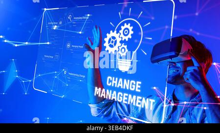 A vibrant representation of change management through virtual reality technology, showcasing innovative ideas and strategic planning in a digital Stock Photo