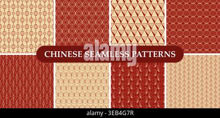 Collection of red and gold seamless geometric patterns. Luxury art deco vector backgrounds in Asian ornament style. Perfect for textile, fabric Stock Vector