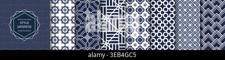 Collection of blue Japanese seamless patterns. Traditional geometric elegant ornament backgrounds in Asian vector style. Decorative endless tile Stock Vector