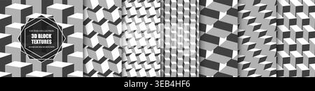 Collection of vector monochrome seamless geometric 3d abstract patterns. Isometric modern structure repeatable cubes backgrounds. Decorative blocks Stock Vector