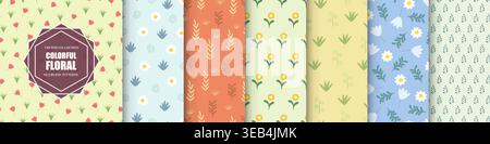 Collection of cute seamless color vintage floral patterns - hand drawn delicate design. Repeatable bright backgrounds with drawing branches and Stock Vector