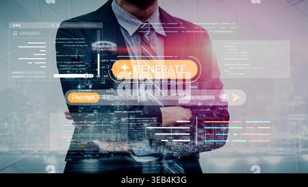 Businessman in Suit Analyzing Digital Data and Code with Futuristic Interface Elements Representing Technology and Innovation in the City Gluon. Stock Photo
