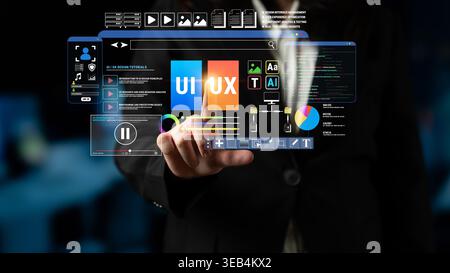 Futuristic User Interface Interaction with Touchscreen Technology in Digital Environment for Modern Business Solutions and Creative Design Fluxor. Stock Photo