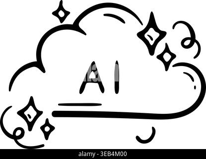 AI cloud icon for smart computing and global network database. Hand drawn doodle illustration of a sky element with artificial intelligence text. Stock Vector