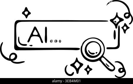 Smart search bar icon for AI content curation, intelligent information retrieval. Hand drawn doodle illustration of text input with magnifying glass. Stock Vector