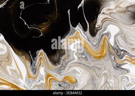 Colorful Abstract Design With Flowing Patterns in Black, White, Gray, and Gold Shades Stock Photo