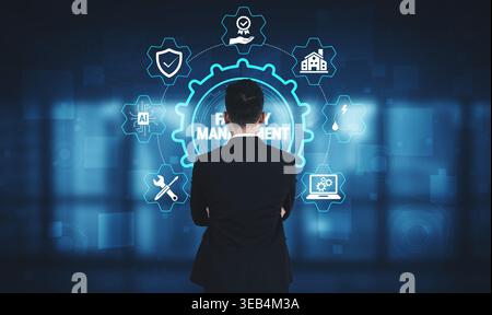 Businessman Overseeing Financial Management with Digital Interface Showing Various Analysis and Tools for Decision-Making and Strategic Planning Stock Photo