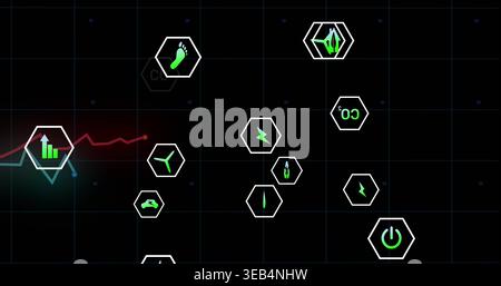 Displaying dashboard cluster on dark grid with hexagonal frames, neon energy icons, dual line graph Stock Photo