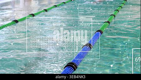 Showing blue-black lane divider running across pool water, with green divider HUD 699851 Stock Photo