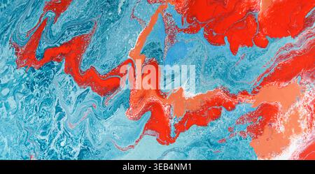 Colorful Abstract Art With Blue and Red Swirls Created Through Fluid Painting Technique Stock Photo
