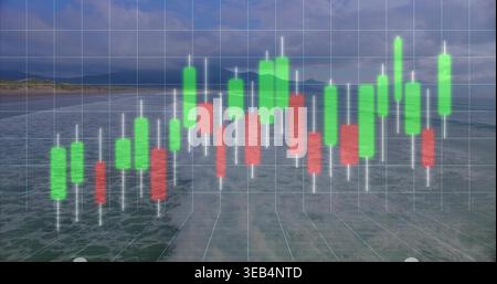 Floating translucent 3D candlestick chart hovering over coastal shoreline, showing grid and waves Stock Photo