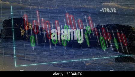 Displaying candlestick chart over jagged coastal rocks at dusk, light-blue trend line reflecting Stock Photo