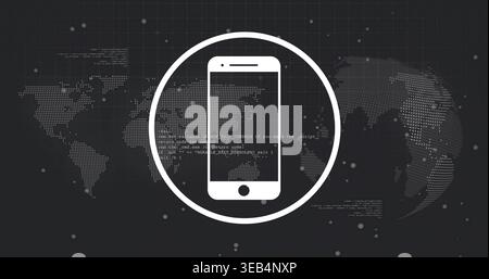 Displaying white phone icon centered in circular frame on graphic showing dotted map, code, grid Stock Photo