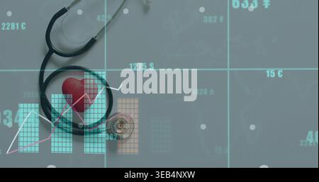 Displaying black stethoscope encircling red heart on gray desk, featuring financial overlays Stock Photo