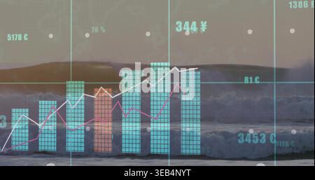 Displaying translucent vertical bar chart spanning shoreline, with two line graphs and ocean waves Stock Photo