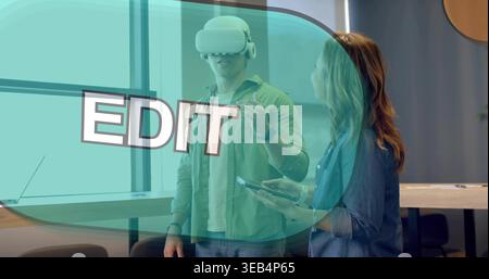 Trying man wearing VR headset casual shirt gesturing in office with EDIT overlay woman using tablet Stock Photo