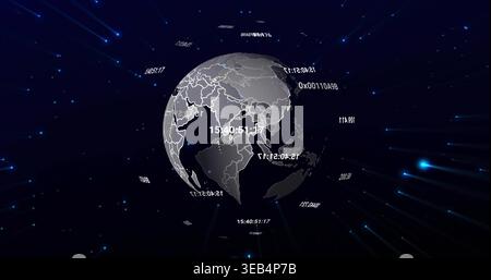 Rotating 3D globe in navy displaying map lines, timestamps, hex codes, blue streaks, motion blur Stock Photo