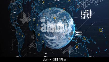 Displaying Earth globe with vector outlines on dashboard, showing hex clusters and alert markers Stock Photo