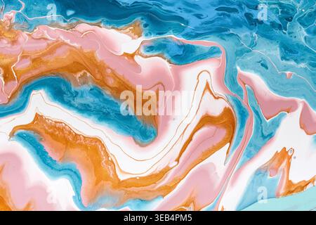 Colorful Abstract Swirl of Blue, Pink, and Orange Creating a Fluid Art Design on Canvas Stock Photo