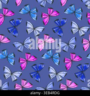 Elegant seamless pattern with colorful flying butterflies on blue, insects in pink and blue tones for textiles and wallpapers Stock Vector