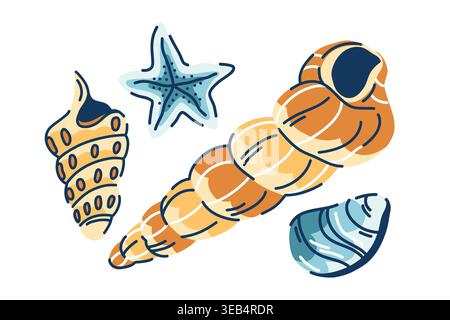 Set of cone seashells, starfish and rocks doodle, nautical beach finds, decorative clam shells Stock Vector