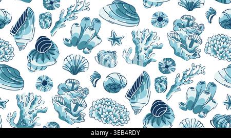 Monochrome pattern with seashells, corals and anemones in doodle style, graceful marine organisms on white Stock Vector