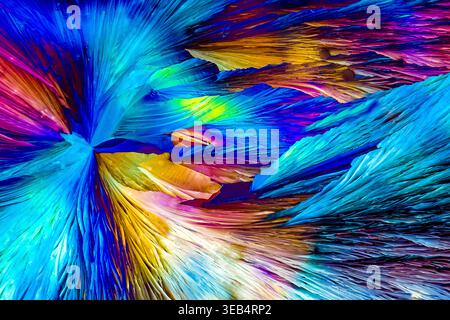 Microscope view of sodium acetate crystals forming vivid, iridescent patterns—an abstract explosion of color revealing intricate microstructures. Stock Photo