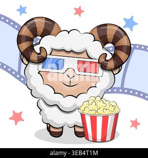 Cute cartoon Ram with 3d cinema glasses and popcorn. Vector illustration on a white background with filmstrip and stars. Stock Vector