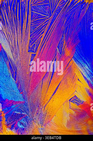 Microscope view of sodium acetate crystals forming vivid, iridescent patterns—an abstract explosion of color revealing intricate microstructures. Stock Photo