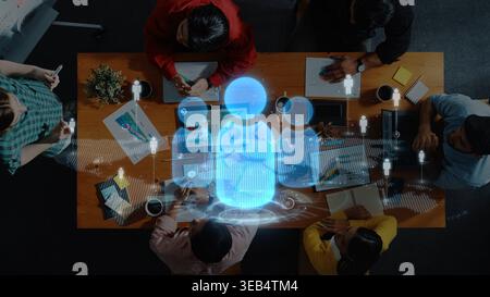 A dynamic scene of diverse professionals collaborating in a modern workspace, utilizing technology to enhance communication and inspire innovative Stock Photo