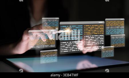 Innovative digital interface showcasing holographic data in a dark setting, emphasizing interaction, creativity, and advanced technology for modern Stock Photo