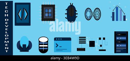 A comprehensive illustration of various icons representing concepts in technology and software development, including coding, processors, bugs, data, Stock Vector
