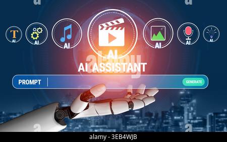 Futuristic Robot Hand Reaches Out to AI Assistant Interface with Various Media Icons Including Music, Video, and Photography Elements Quark. Stock Photo