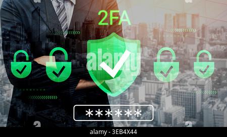 Secure Two-Factor Authentication Concept with Businessman and Digital Elements Representing Online Safety and Verification Process in Urban Background Stock Photo